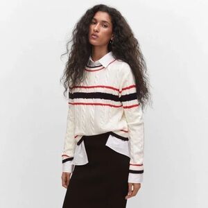 Mango cream stripe preppy cable knit crewneck sweater - Large NWOT